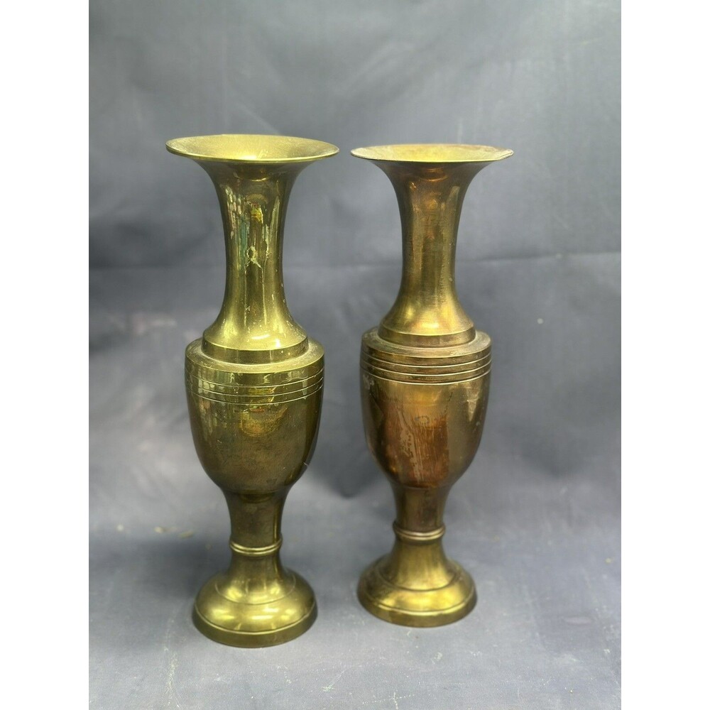 Vintage Brass Vase 10" Tall Set Of 2 MCM Regency Boho Farmhouse